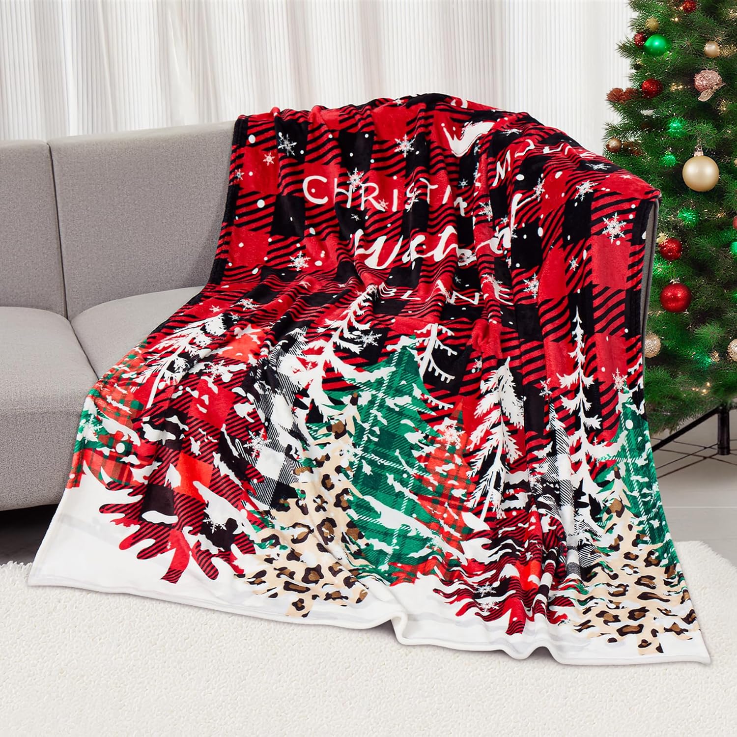 Christmas Blankets Fleece Throw Blanket Super Soft Warm Flannel for Couch, Sofa Bed, Cozy,Fuzzy and Lightweight,This is My Christmas Movie Watching Blanket Xmas Tree Red Buffalo Check,50x60 Inches