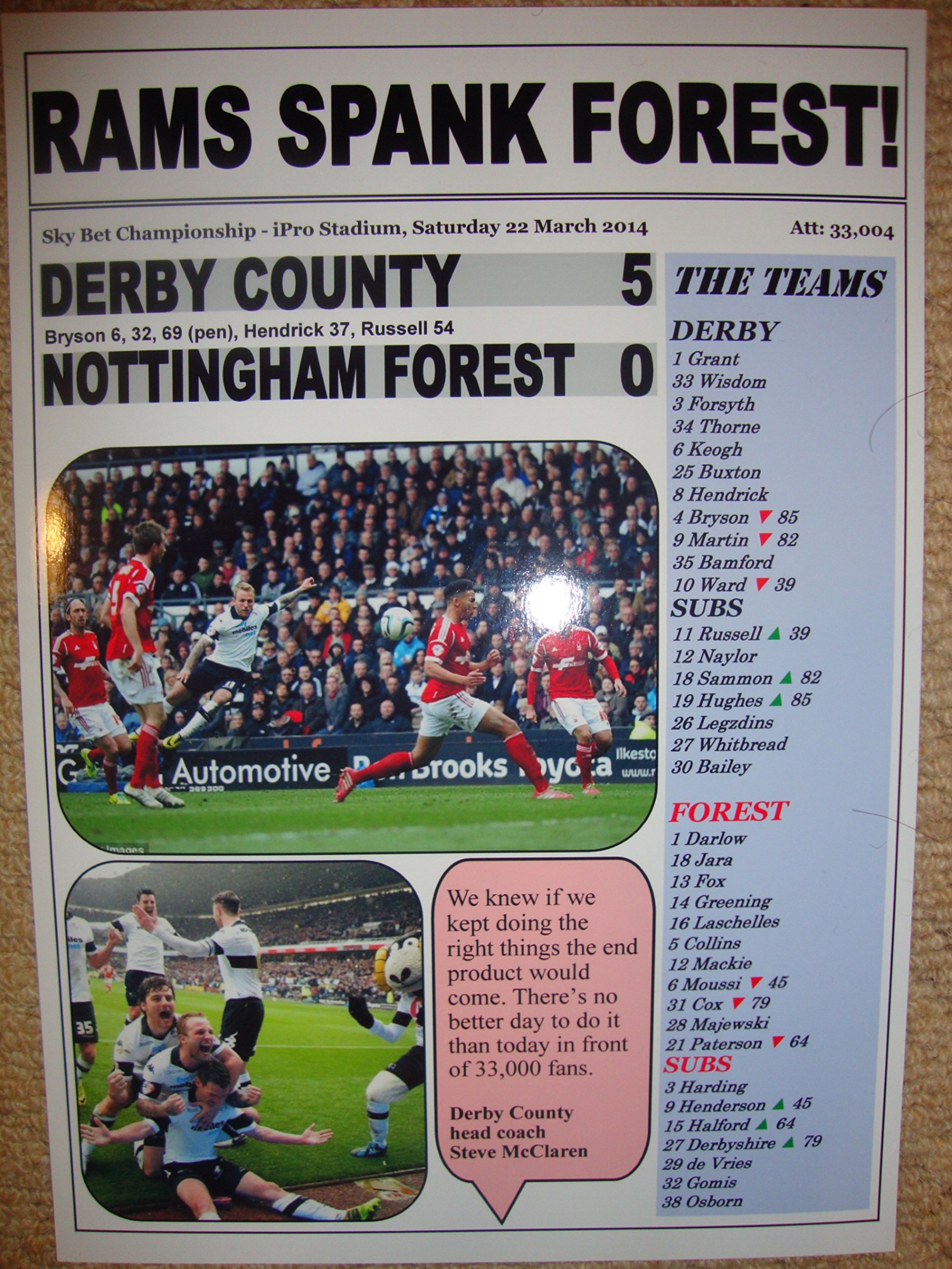 Lilywhite Multimedia Black And White, Red And White Derby County 5 Nottingham Forest 0 - 2014 - Souvenir Print