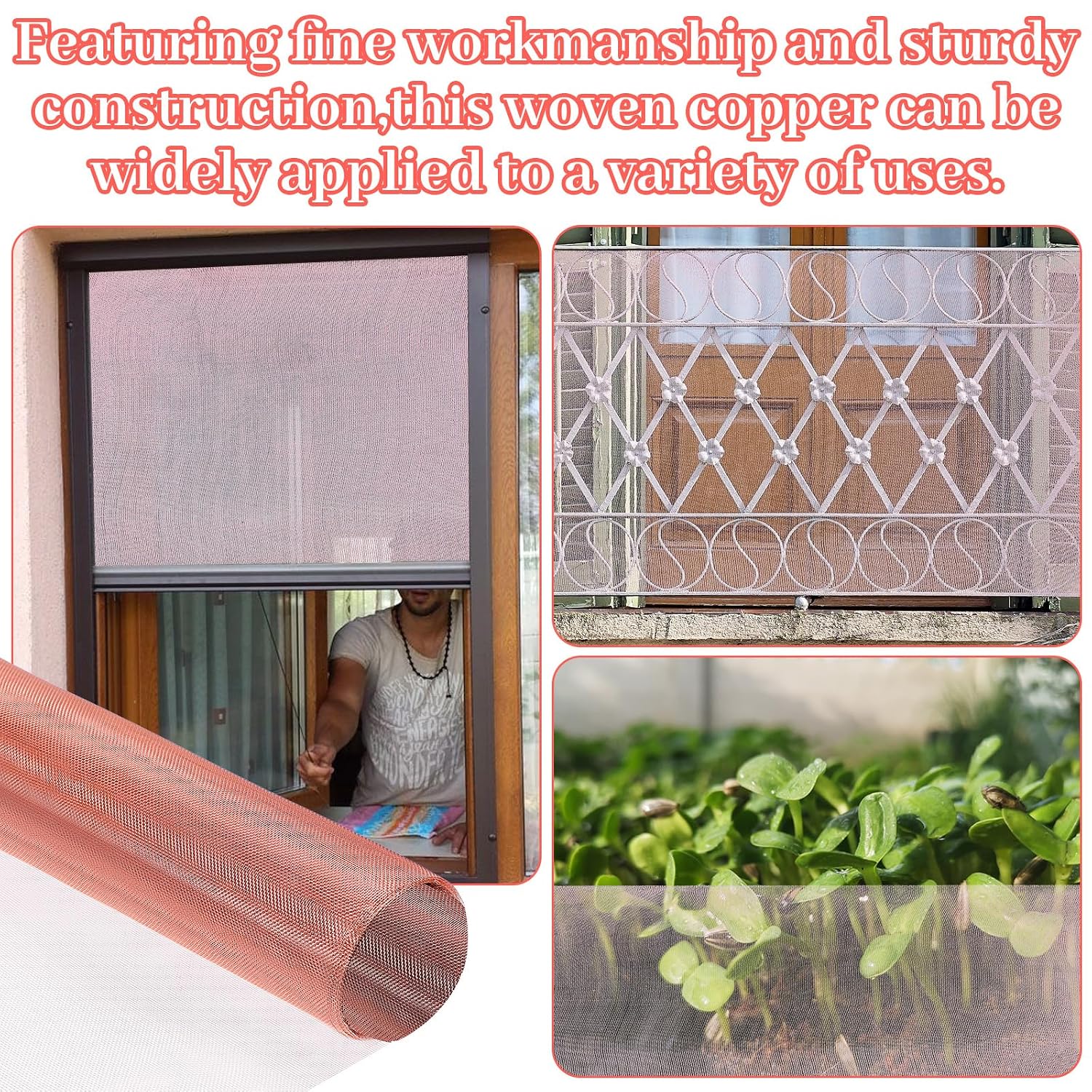 12 Inch x 10 ft Copper Mesh Roll 99.9% Pure Copper 40 Mesh Copper Mesh Screen for DIY Projects Grounding Dense Filter Screen Woven Crafts Window Protection, Easy to Cut & Durable