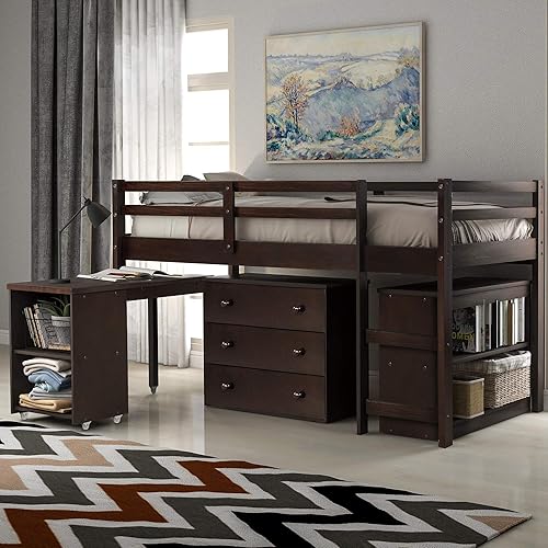 Merax Base de cama baja de madera maciza de tamaño individual con escalera para litera de niños armario escritorio espresso puro
