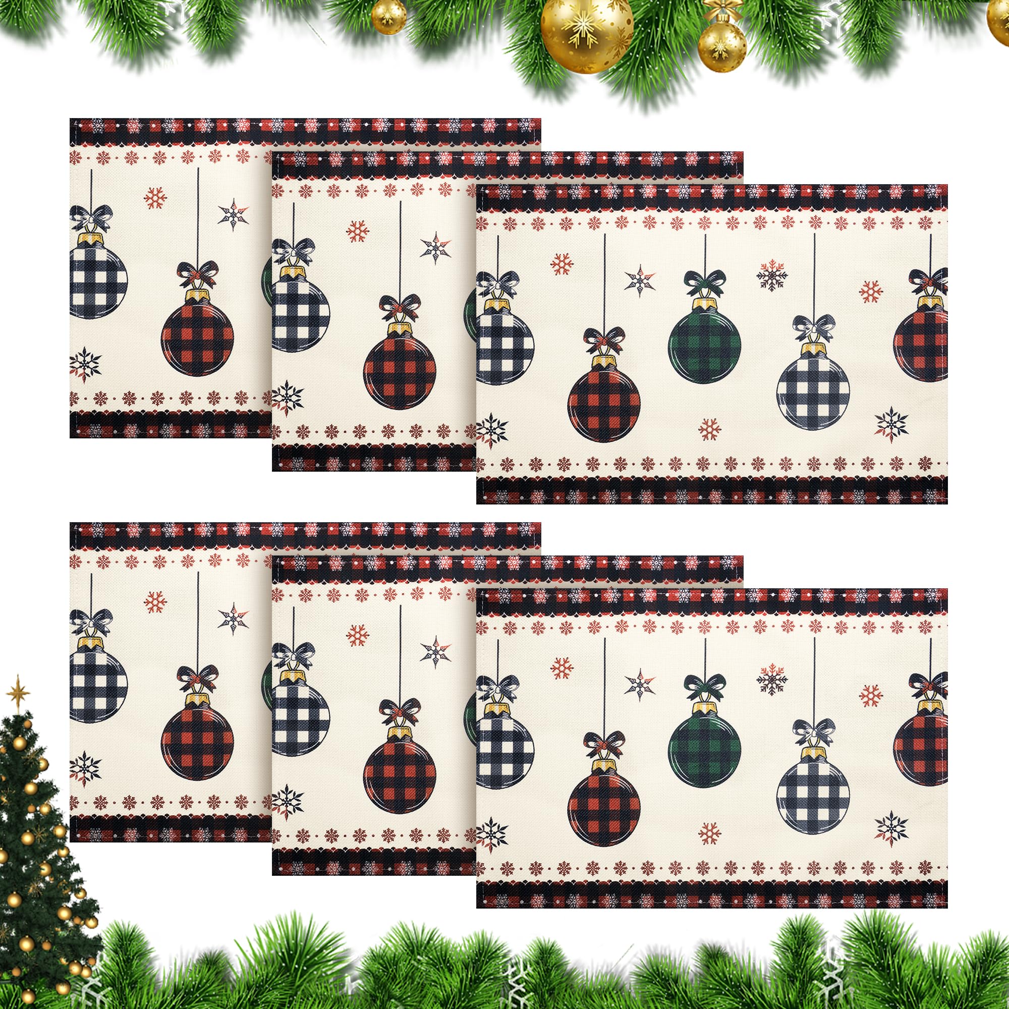 PurejoyChristmas Placemats sets of 6, Colorful Lanterns Table Mats for Xmas Table Decoration, Christmas Place mats Waterproof and Washable, for Xmas, Celebration Party