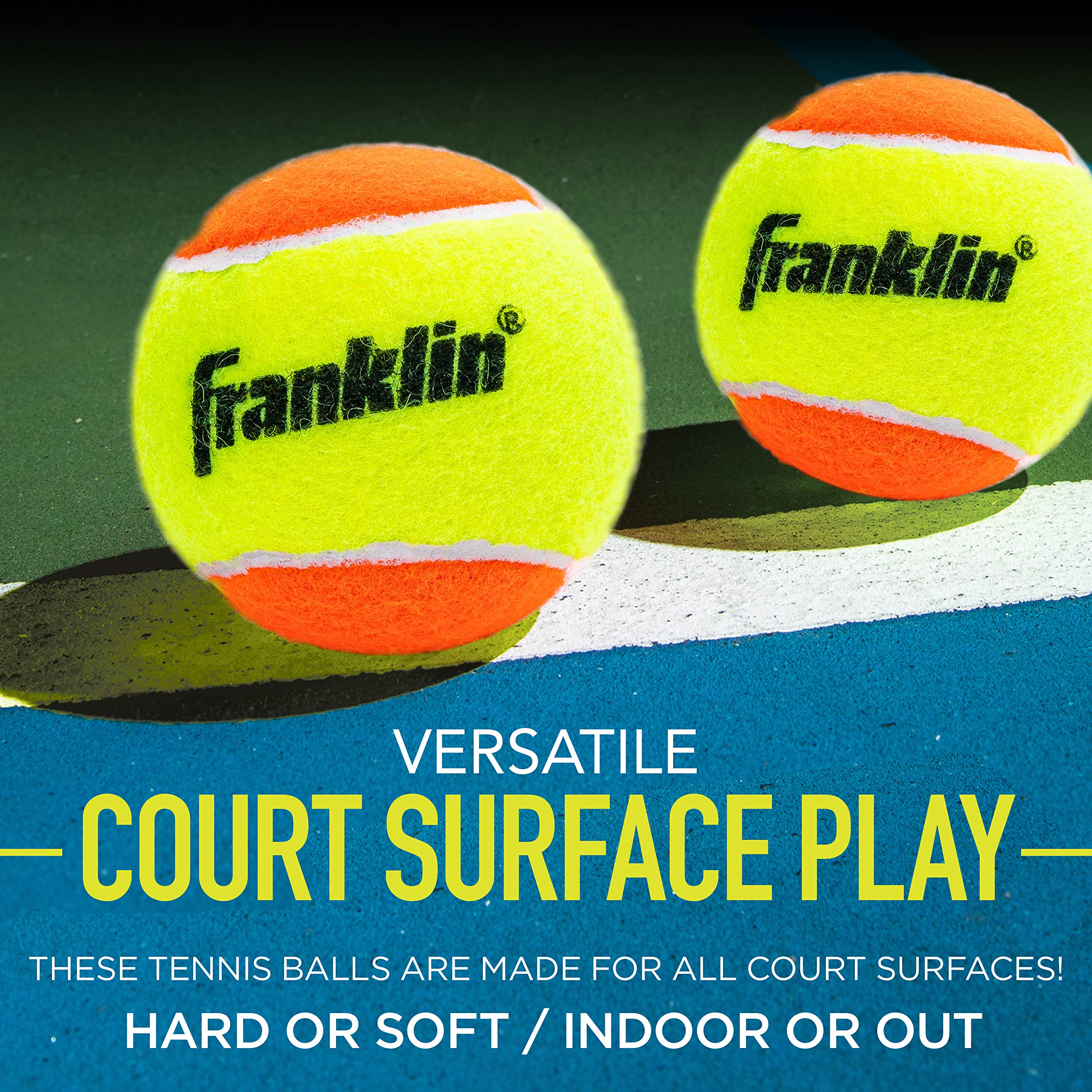 Franklin Sports Pressureless Tennis Balls - Official Size Low Pressure Tennis Balls - Great for Training + Practice - 3 Pack Can of Low Bounce Tennis Balls - All Court Surface Balls - Orange