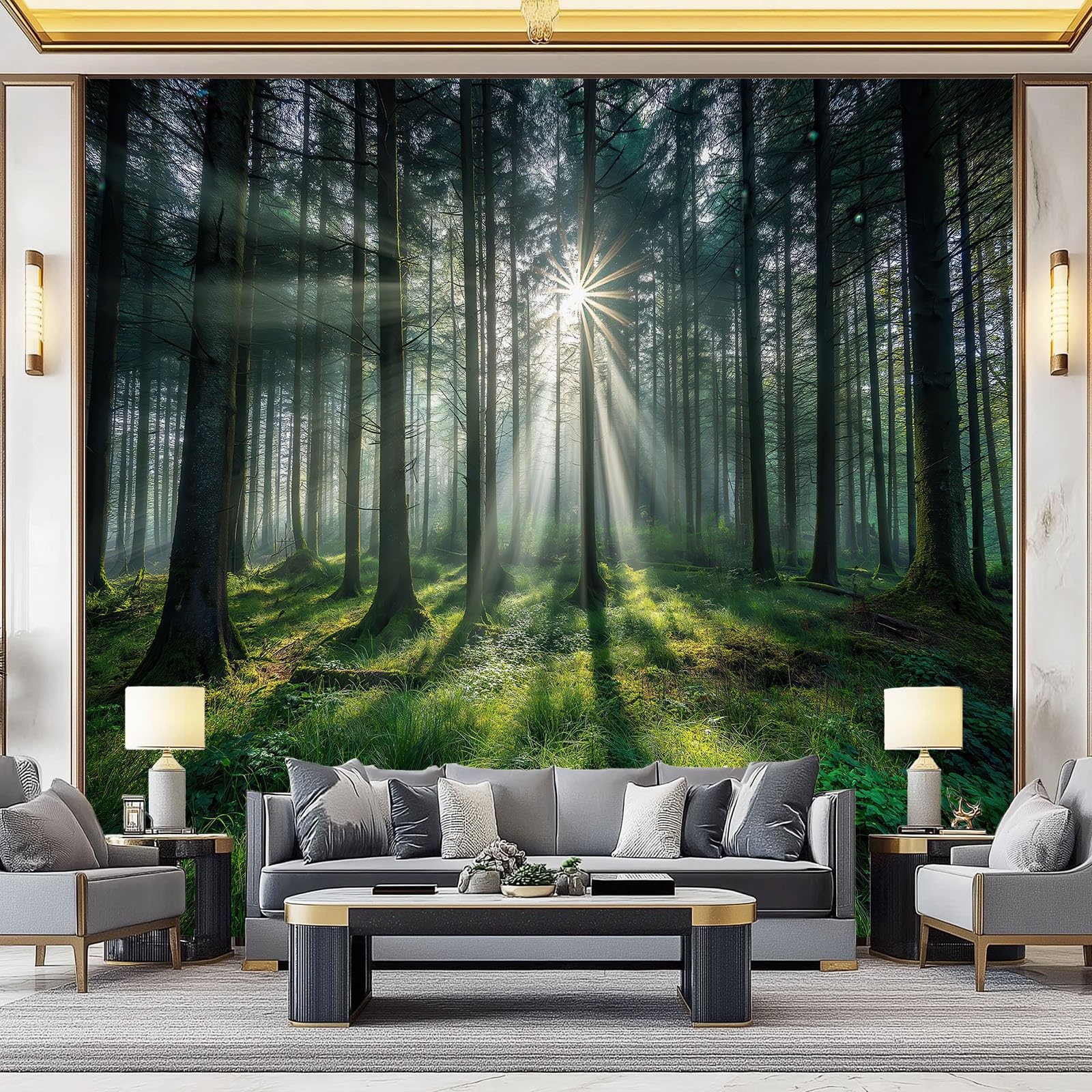 Papier peint panoramique forêt 350x256 cm tapisserie intissée nature verte pour salon et chambre