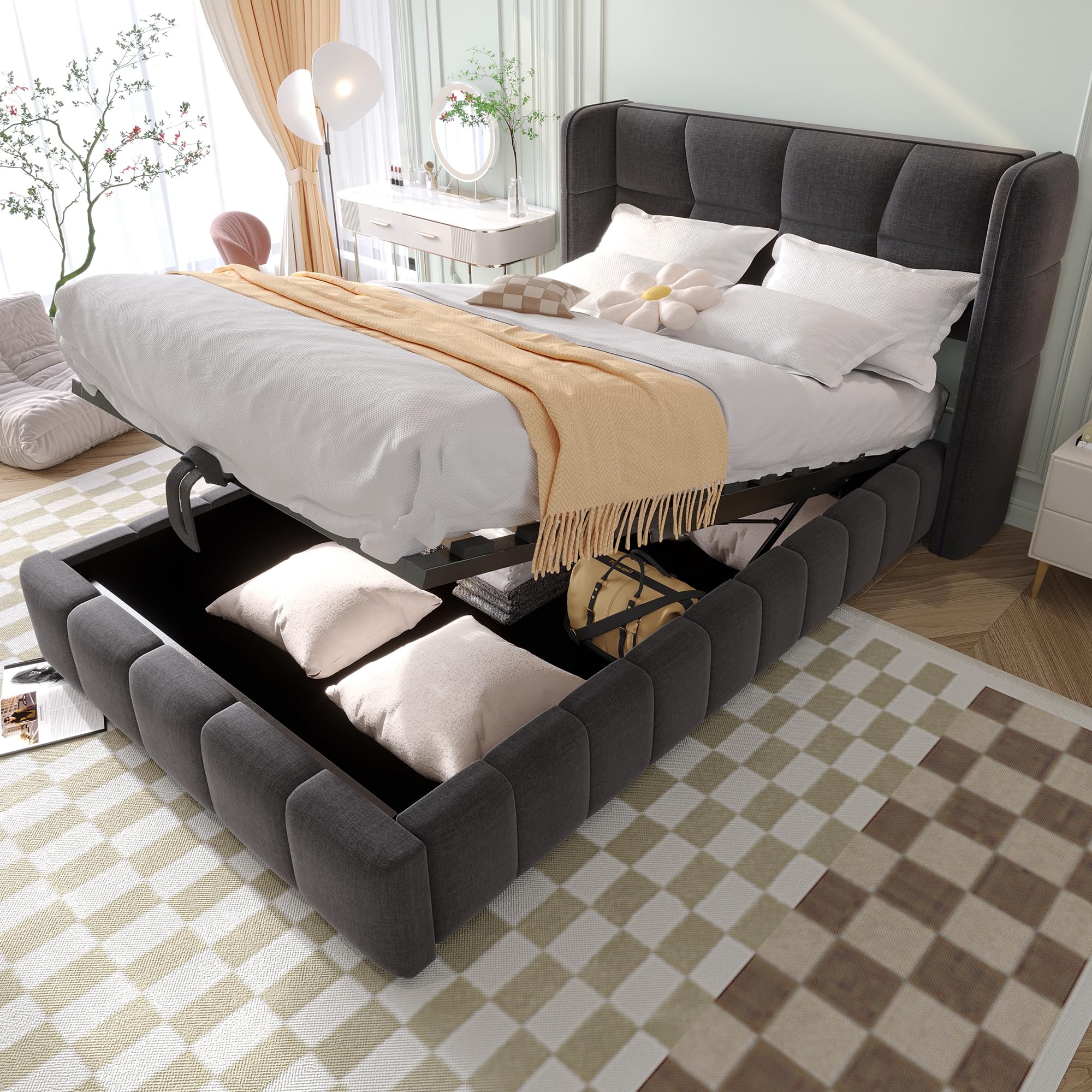 Letto Contenitore 90x200 con Sistema di Sollevamento Pneumatico Single Bed Rivestimento in Lino Su Telaio Metallico Rinforzato con Testiera Imbottita Letto Imbottito Abitazione