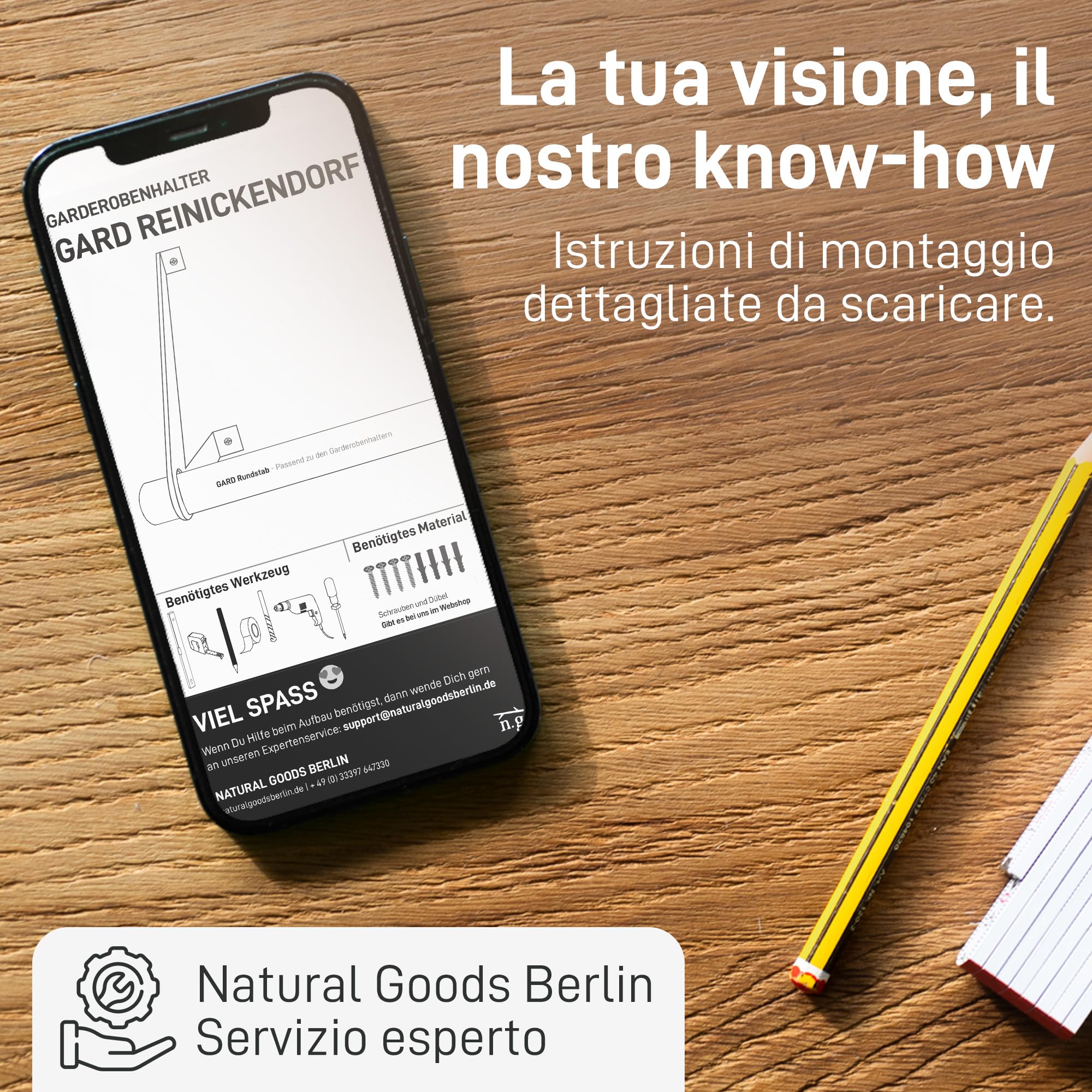 Natural Goods Berlin Appendi-Abiti da Muro Design GARD REINICKENDORF | Montaggio a Parete | Supporti per Asta per Abiti in Metallo in Negro | 100cm Barra Rotonda in Legno di Rovere Europeo