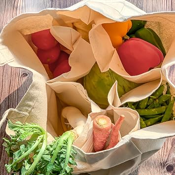 Canvas cotton Tote Bag with 6 Pockets for Grocery Shopping Bags for Vegetables Fruits, Eco-friendly and Organic (16"x13"x10")(Natural Cotton) (1)