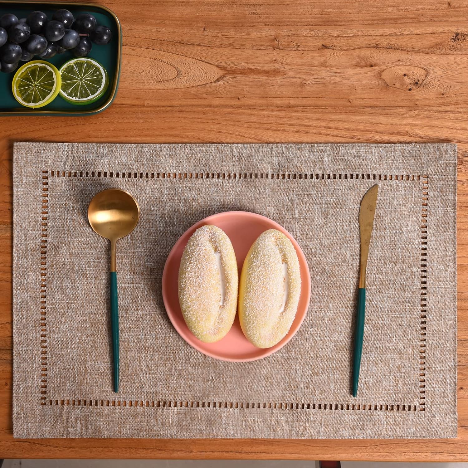 Tosewever Set of 6 Decorative Linen Placemats 12 x 18 Inches, Farmhouse Style Table Mats for Everyday Dining Wedding Party Holiday Home Decor (6 Pieces 12 x 18”, Light Coffee/Straight)