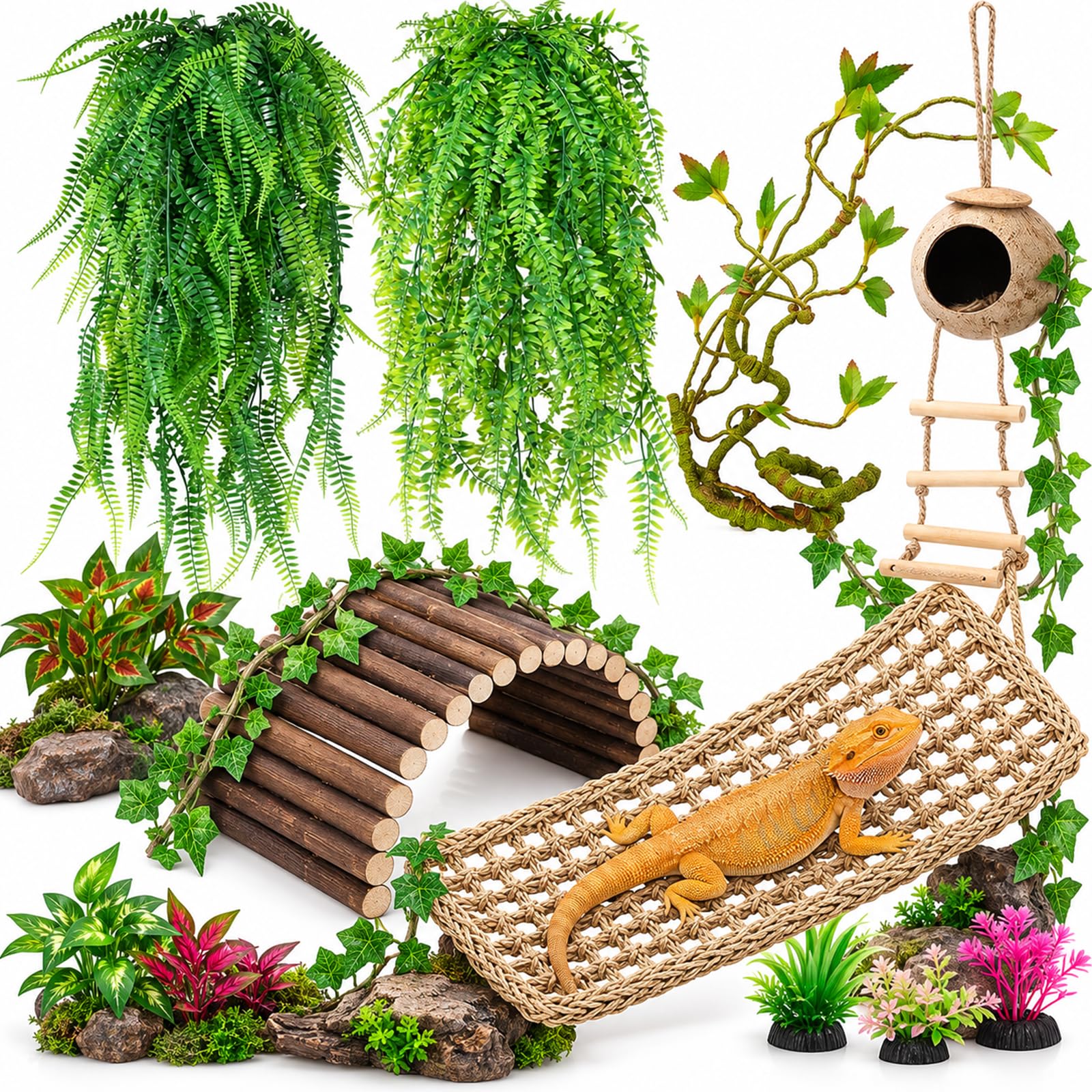 Reptile Plants for Bearded Dragon Tank Accessories, 13 PCS Reptile Decor