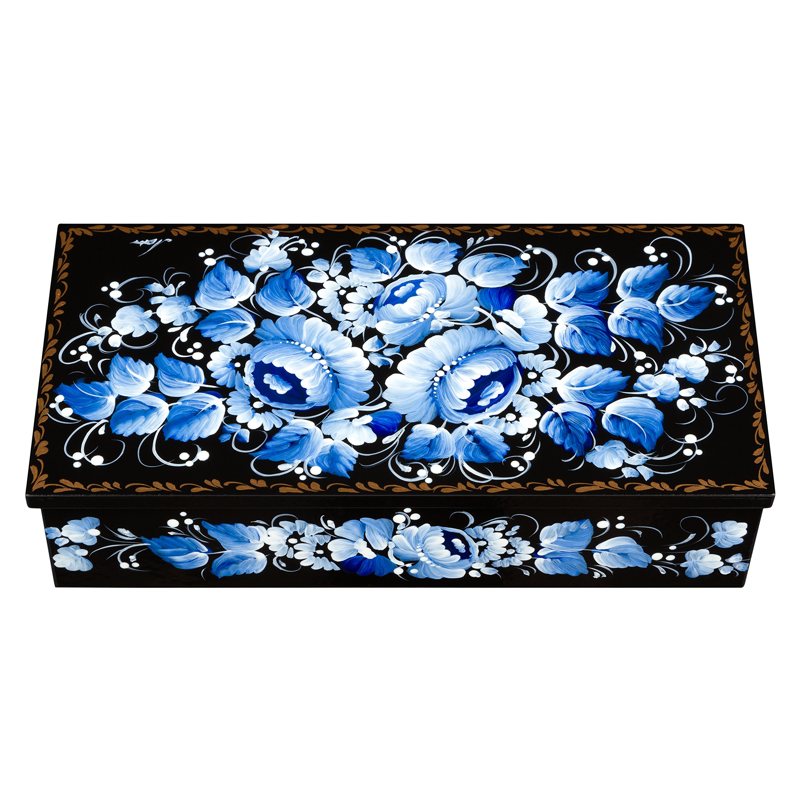 UA CreationsUA Creations Petrykiv Ethnic Rectangular Wooden Lacquer Jewelry Box with Lid, Hand Painted Flowers on Black