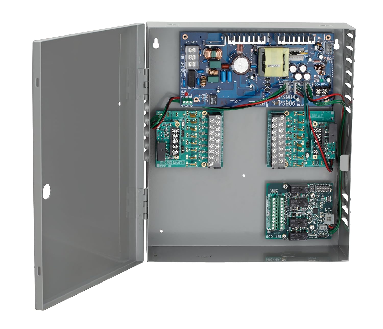 SCHLAGE - PS902-4RFA Schlage Electronics PS902 2-Amp Class 2 Power Supply with 4-Relay Output Board and Fire Alarm Interface Board, 12/24VDC Output, 120/240VAC at 50/60 Hz Input
