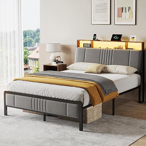 Miniatura 9 de BedsPick Base de cama Queen con cabecera ergonómica, plataforma de metal tapizada tamaño Queen con almacenamiento de 2 niveles, estación de carga,