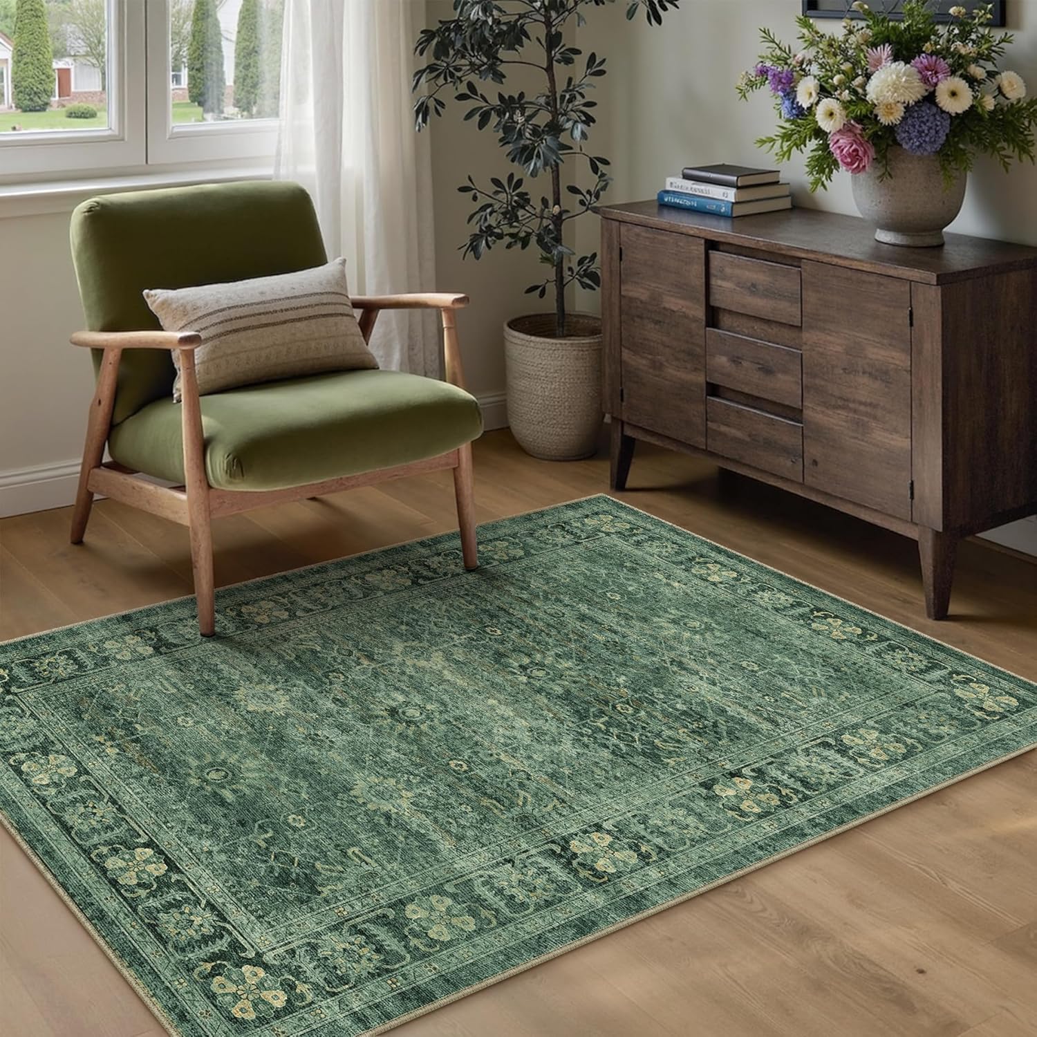 Green Area Rugs 4x6 Living Room Vintage Distressed Small Rug Non Slip Low Pile Floral Carpet Indoor Office Retro Rug for Bedroom Dining Room Kids Playroom