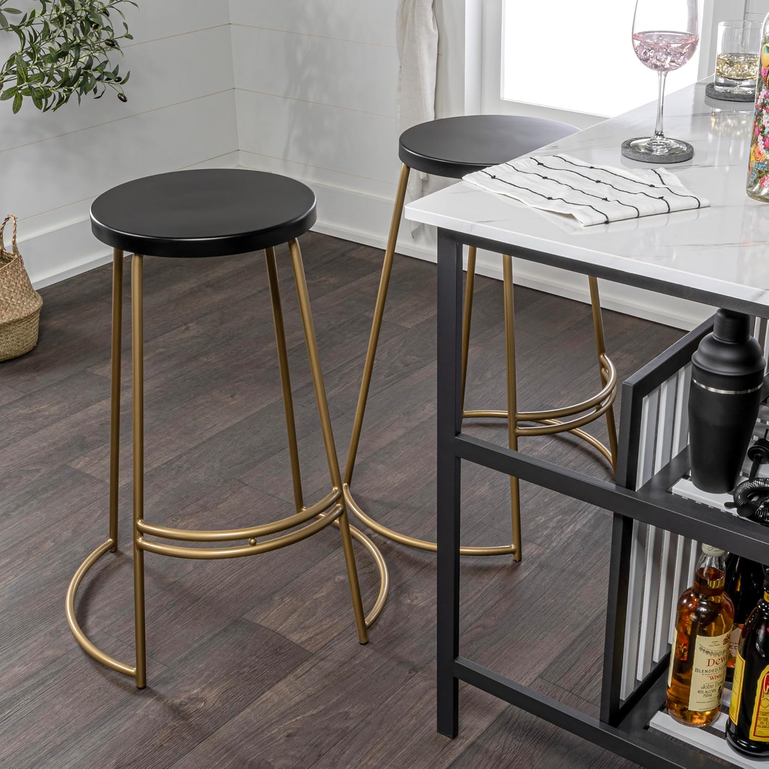 JONATHAN Y Hula 28.75" Black Backless Metal Bar Stool, Round Iron Seat and Gold Base with Integrated Footrest, Industrial Bar Chair for Kitchen Island and Home Bar, Modern BSL1001A