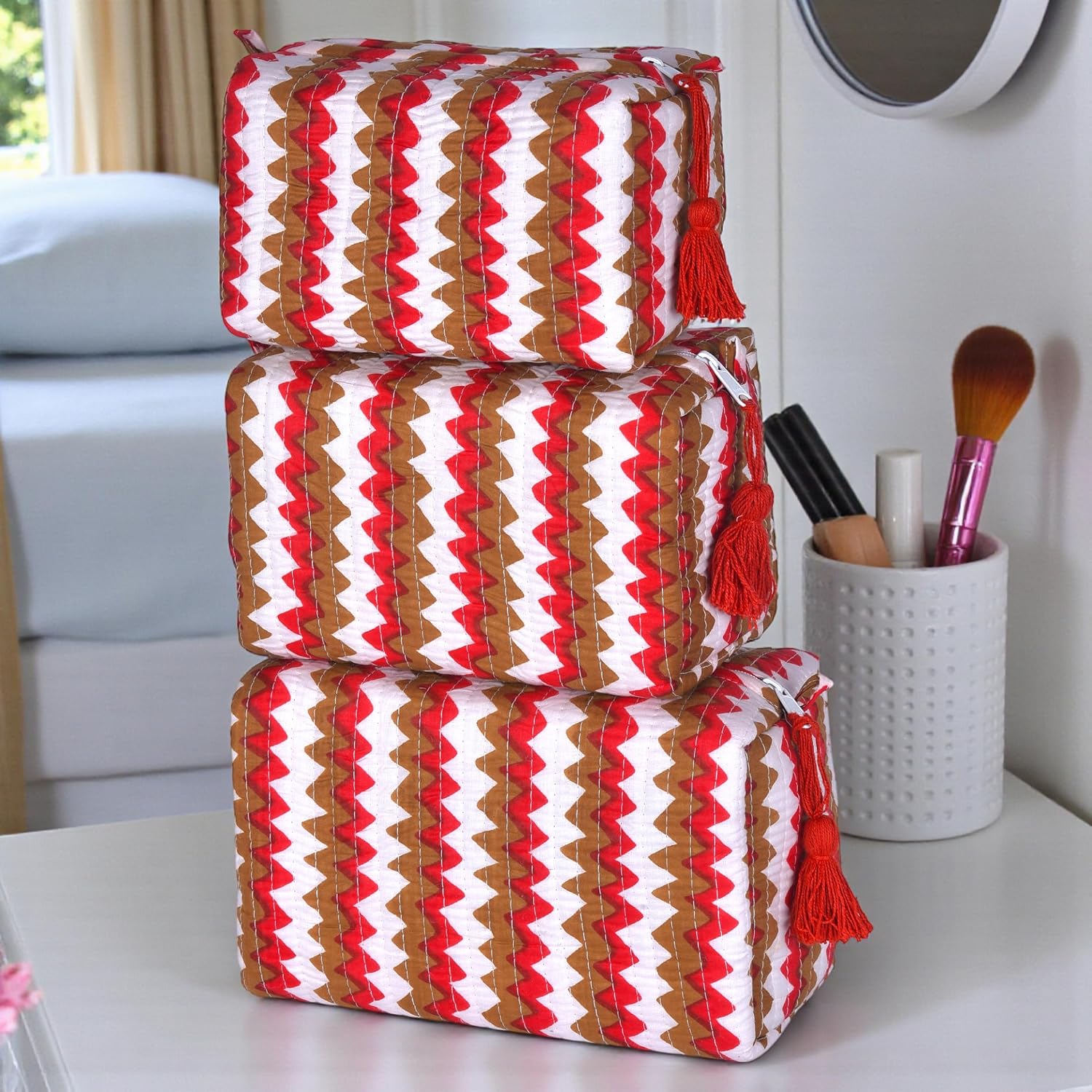 Quilted Block Print Stripe Makeup Bag Set of 3 – Cotton Travel Toiletry and Makeup Organizer, Cosmetic Pouch, Toiletry Bag for Women, Cute Boho Coquette Make Up Bags for Women (Small, Medium, Large)