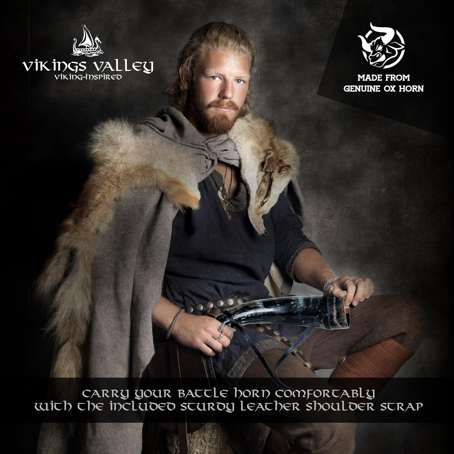 Handcrafted Viking Blowing Horn For sound Made of Natural Ox Horn Sounding Trumpet With Leather Belt & Natural Skin