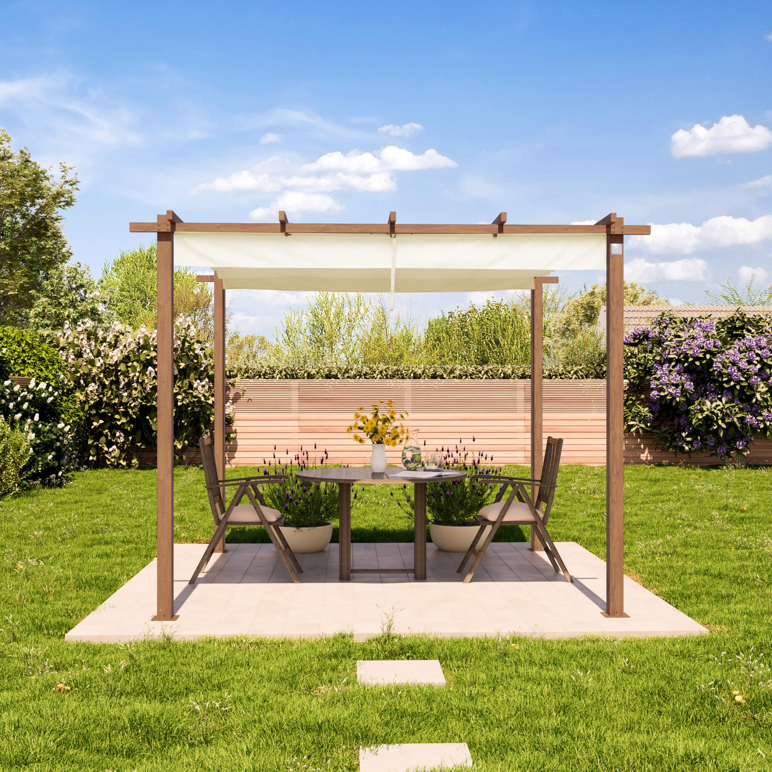 PRIMEYARD Pergola 3x3 m gazebo da giardino con tetto scorrevole struttura in acciaio look legno