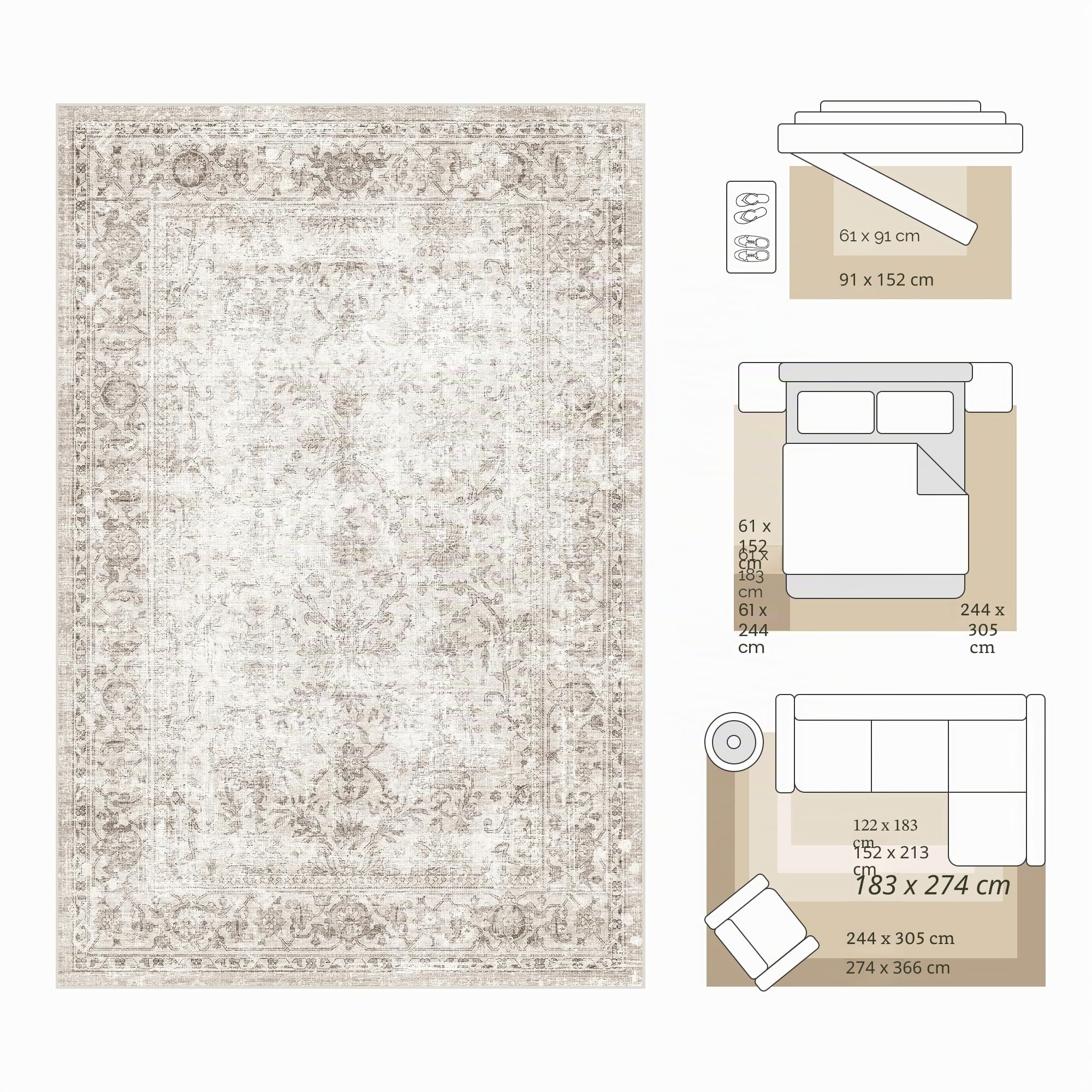 FMFUNCTEX 244x305 cm Waschbarer Teppich Beige Vintage Neutral Used-Look Groß Rutschfest Teppich für Wohnzimmer Schlafzimmer Weich Niedriger Flor Innenmatte Retro Blumenmuster Überwurf Teppich für