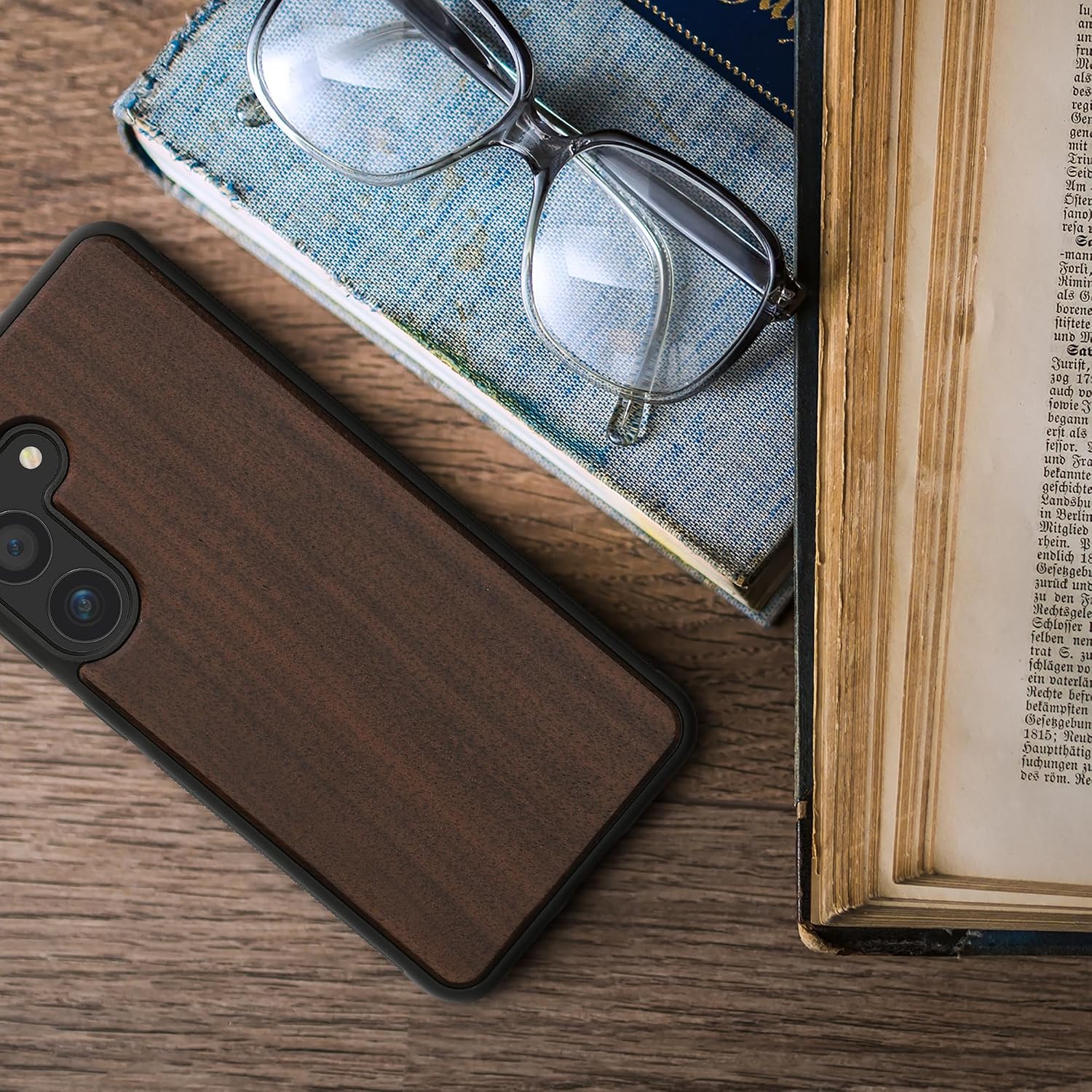 kwmobile Real Wood Case Compatible with Samsung Galaxy S25 Case - Hard Wooden Cover w/TPU Bumper - Dark Brown image 3
