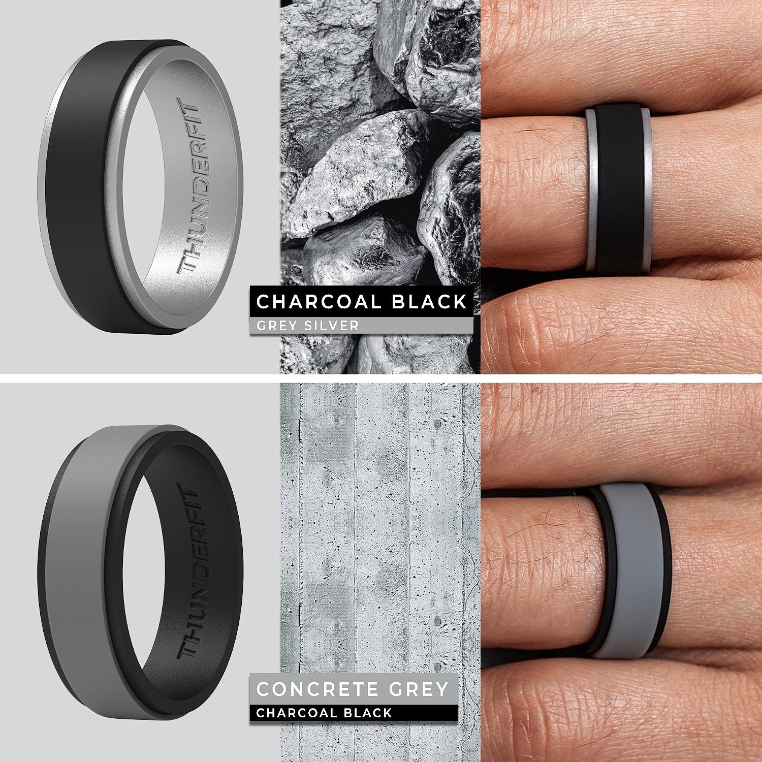 ThunderFit Silicone Wedding Rings for Men, 2 Layers Step Edge 10mm Wide 2.3mm Thick - 1/4/7 Variety Multipack