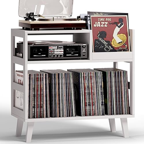 Soporte para tocadiscos con almacenamiento de vinilo, soporte para tocadiscos moderno Mid-Century con capacidad para más de 150 álbumes, mesa de