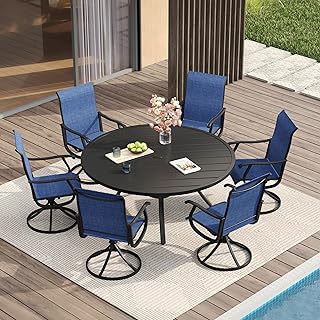 VICLLAX Patio Dining Set for 6, 7 Pieces Outdoor Furniture Includes 53" Round Patio Table with Umbrella Hole and 6 Outdoor Swivel Chairs for Lawn Garden, Black Tabletop and Blue Fabric