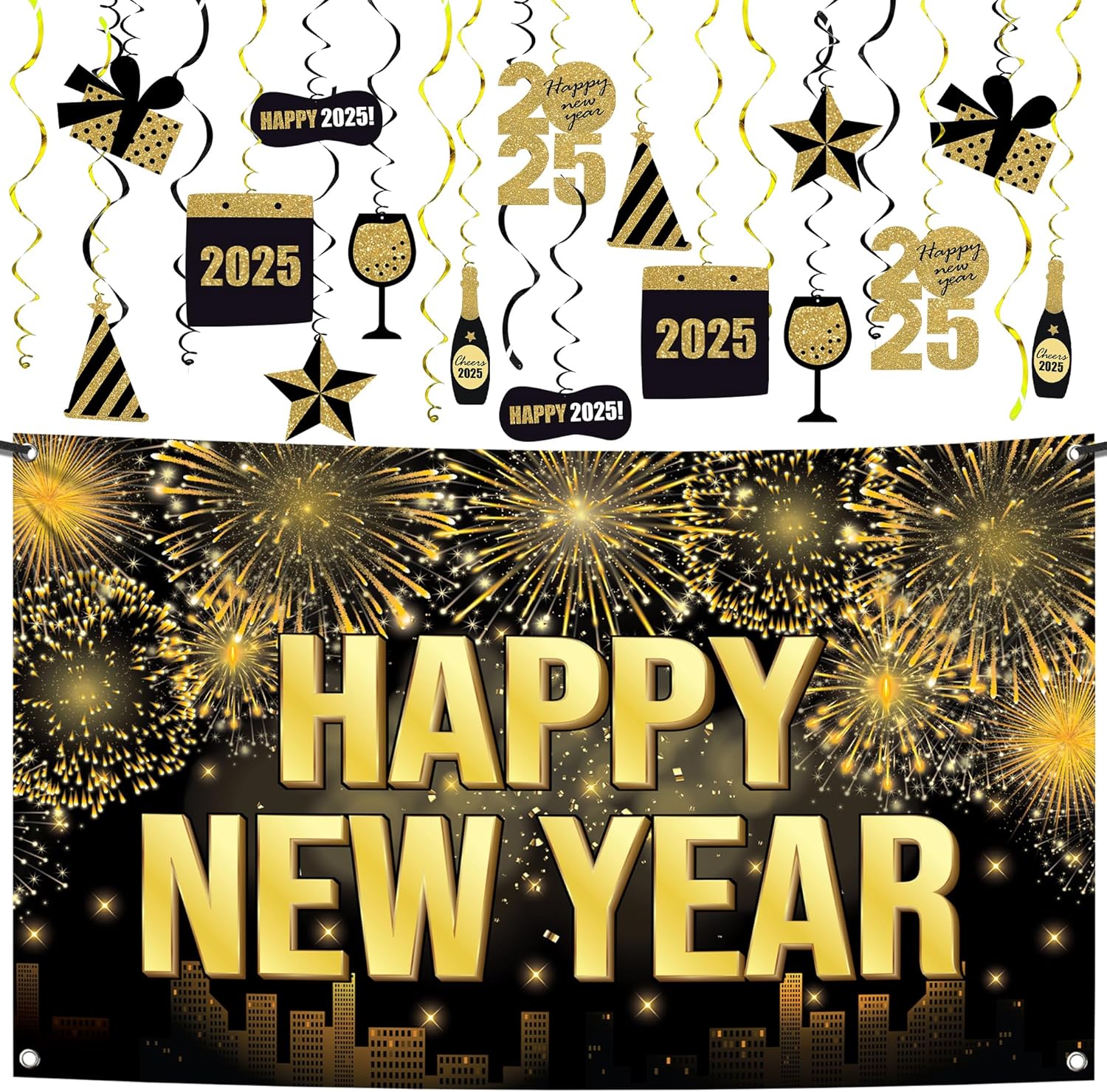 KatchOn, Happy New Year Hanging Swirls - Pack of 30 | Happy New Year Banner - 72x44 Inch | New Years Ceiling Decorations, Happy New Year Decorations | New Years Backdrop for New Years Decorations 2025