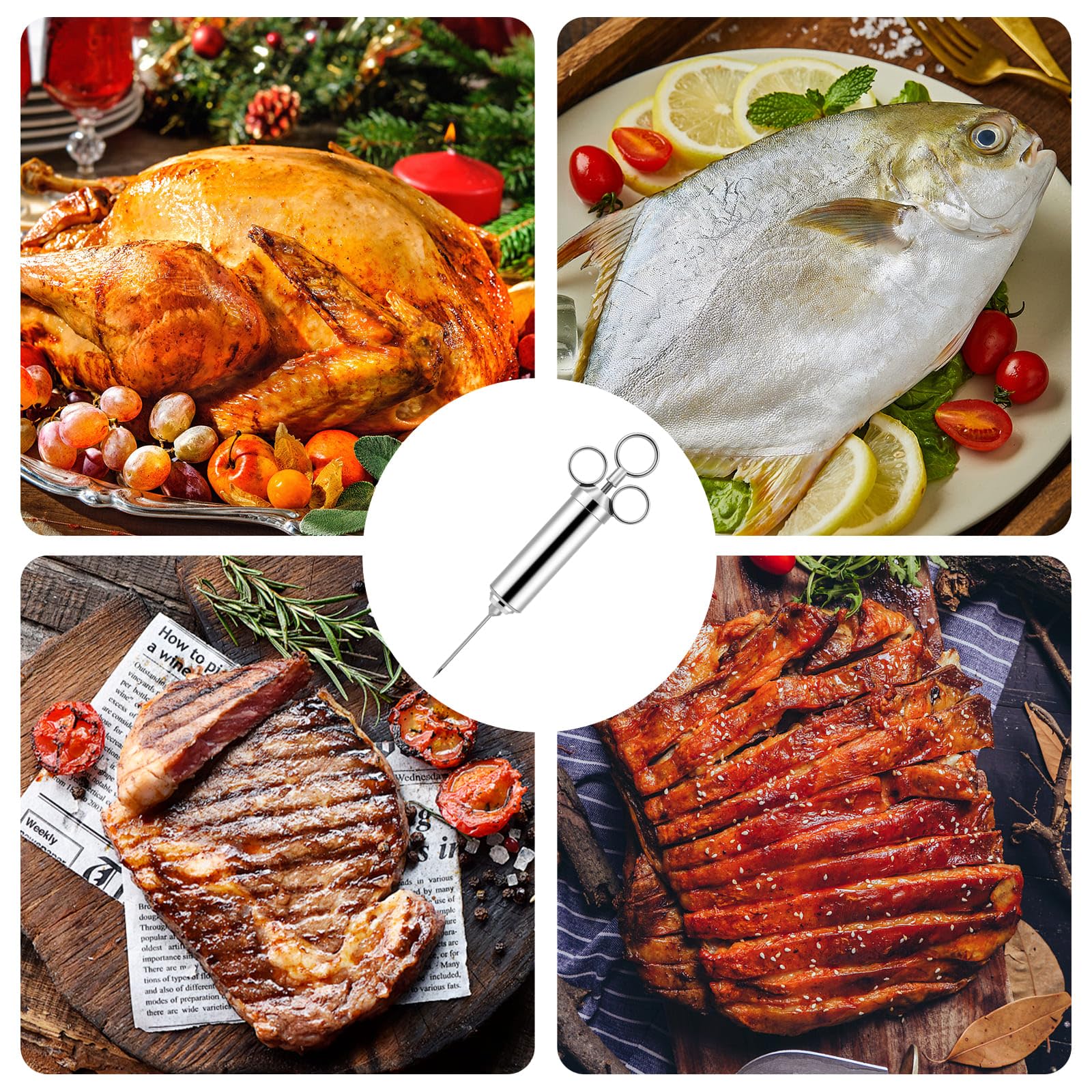 Euakee Siringa per Marinata, Kit in Acciaio Inossidabile con 3 Aghi per Carne, Siringa per Cucinare Pollo, Bistecca, Manzo, Ideale per BBQ, Affumicatore, Griglia