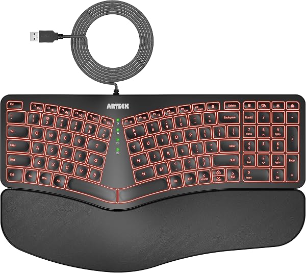 Arteck Ergonomic USB Wired Keyboard with Cushioned Wrist & Palm Rest, Backlit 7 Colors & Adjustable Brightness Comfortab