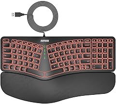Arteck Ergonomic USB Wired Keyboard with Cushioned Wrist Palm Rest Backlit 7 Colors Adjustable Brightness Comfortable Natural Split
