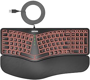 Arteck Ergonomic USB Wired Keyboard with Cushioned Wrist Palm Rest Backlit 7 Colors Adjustable Brightness Comfortable Natural Split