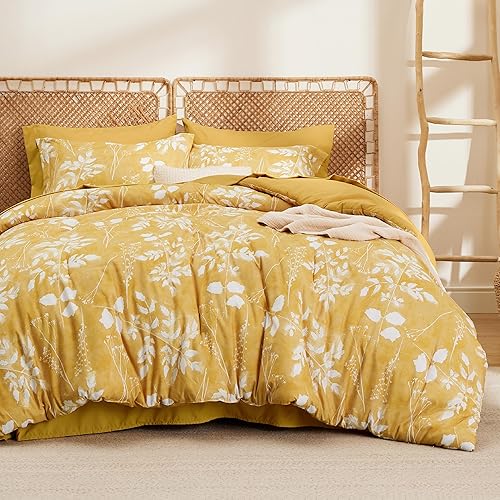 Bedsure Queen Comforter Set - 7 Pieces Floral Yellow Soft Bedding Sets, Queen Bed in a Bag with Botanical Flowers Comforter, Sheets, Pillowcases & Shams