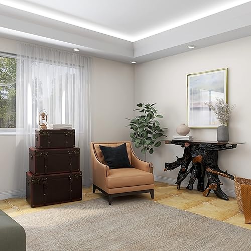 Miniatura 7 de Deco 79 Tronco tapizado de cuero con detalles y tachuelas vintage, juego de 3 de 19 pulgadas, 24 pulgadas, 27 pulgadas de ancho, marrón