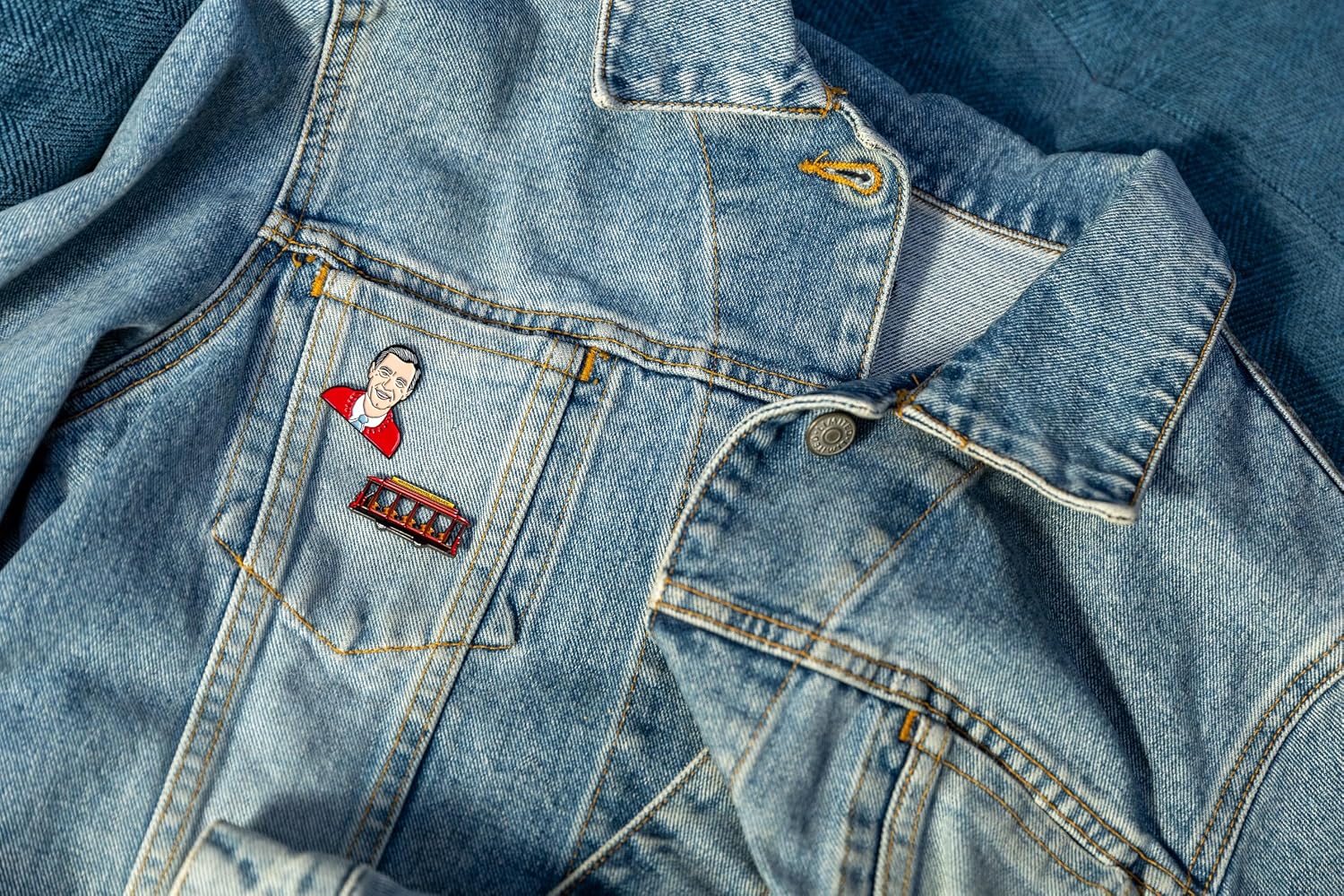 The Unemployed Philosophers Guild Mister Rogers and Trolley Enamel Pin Set - Strong Rubber Backing Clasps, Set of 2 Pins image 3