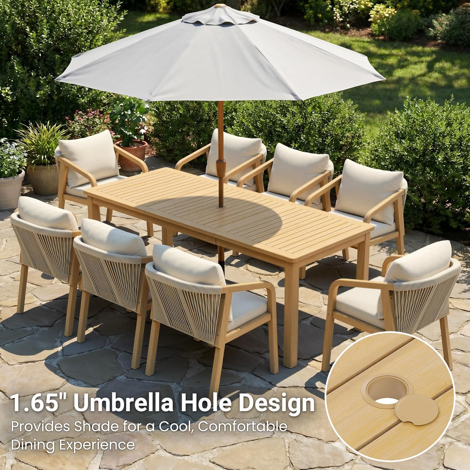 Wisteria Lane 9 Pieces Acacia Outdoor Patio Table and Chairs Set for 8, Patio Outdoor Dining Table Set with Cushion, Modern Outdoor Patio Table Set for Lawn Backyard Garden Deck, Beige