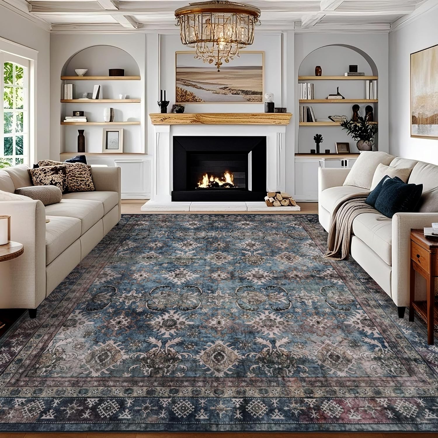 Vintage Blue Rug 8x10: Navy Large Rugs for Living Room Home Office Bedroom - Easy-Clean Carpets Kid & Pet Friendly Soft Durable Shed-Free - Oriental Dark Blue