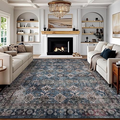 Washable 10x14 Area Rug: Boho Large Rugs for Living Room Dining Room Bedroom Office Indoor - Non-Slip Vintage Carpet More Durable and Soft Great Home Decor 10x14 Navy Blue