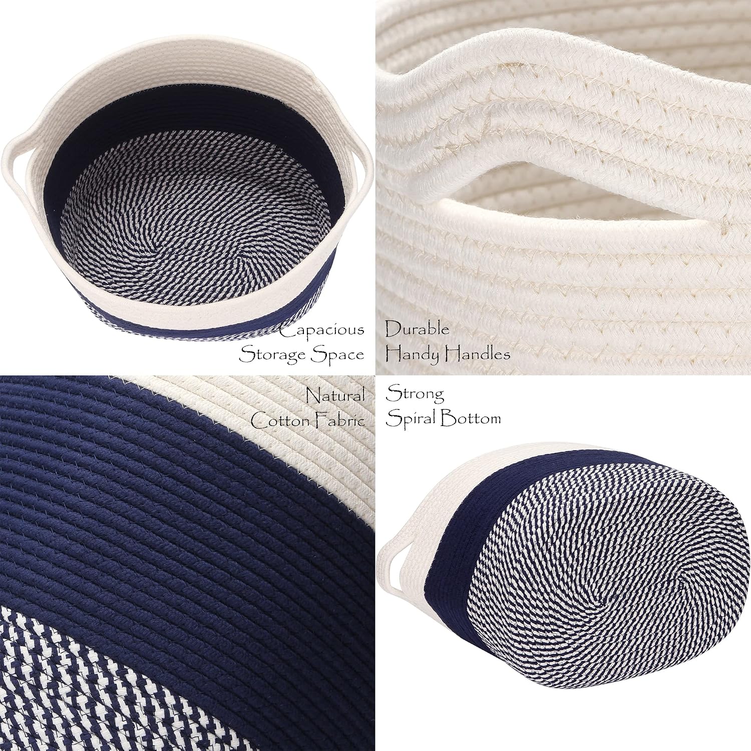 Sea Team Oval Large Cotton Rope Woven Storage Basket with Handles, Diaper Caddy, Baby Shower Basket, Nursery Nappies, Clothes Toys Organizer for Kid's Room, 16 x 13 inches, White & Mottled Navy