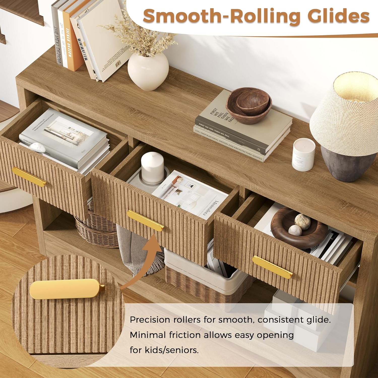 Fluted Console Table with Drawers, 47" Narrow Entryway Table with 3 Drawers and Open Storage Shelf, Long Sofa Tables Modern Behind Couch Tables for Living Room, Foyer and Hallway