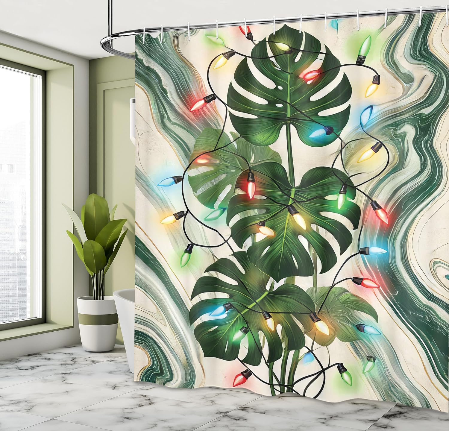 Ambesonne Christmas Shower Curtain, Colorful Xmas Ornaments with Monstera Leaves Art on Marble Print Back, Cloth Fabric Bathroom Decor Set with Hooks, 69" W x 70" L, Green Khaki Multicolor