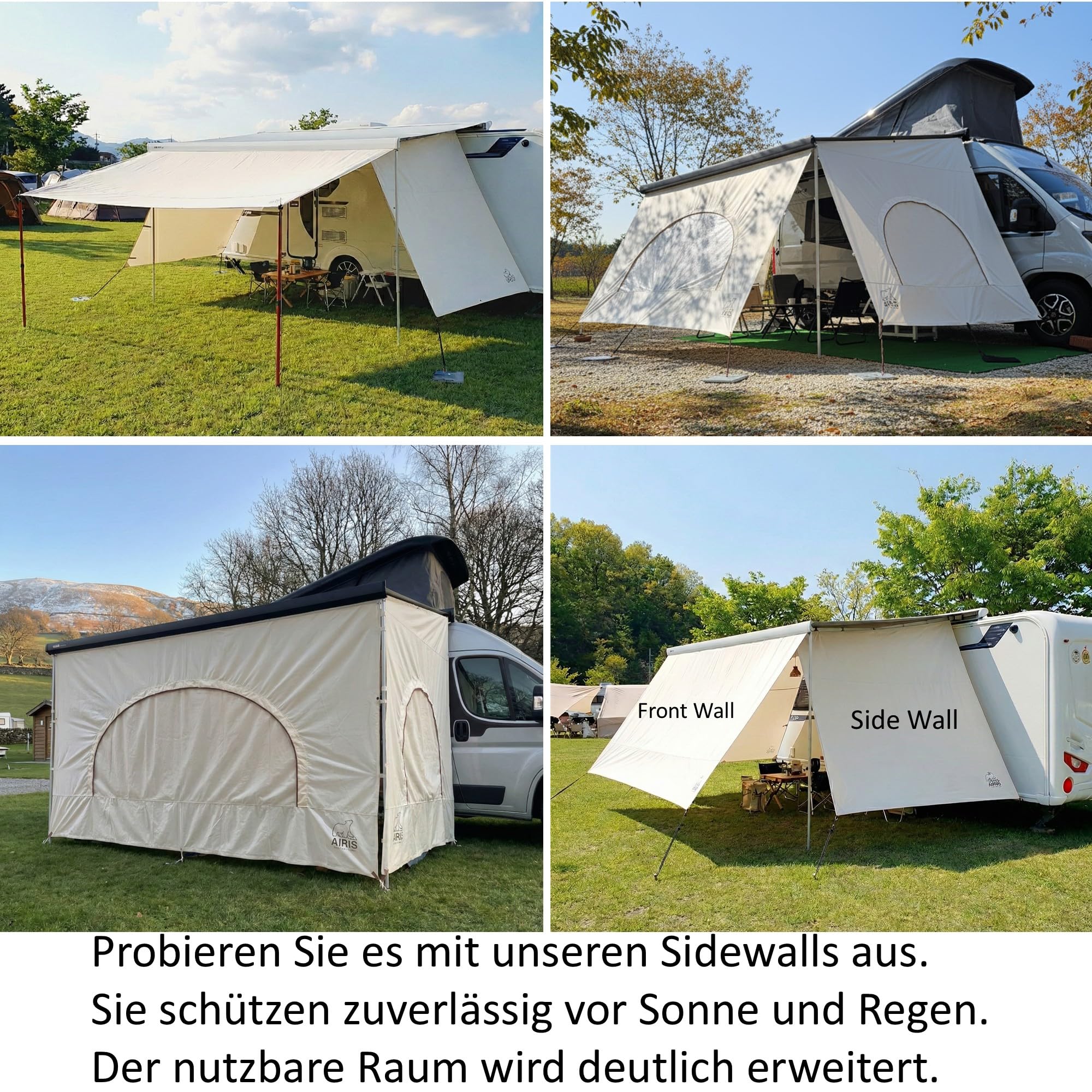AIRIS Sun & Rain Blocker – Markisenvorderwand oder Seitenwände für Markisen – Premium Baumwollgewebe – Sicht- und Sonnenschutz für Camper & Wohnmobil – deutlich kühler als Polyester