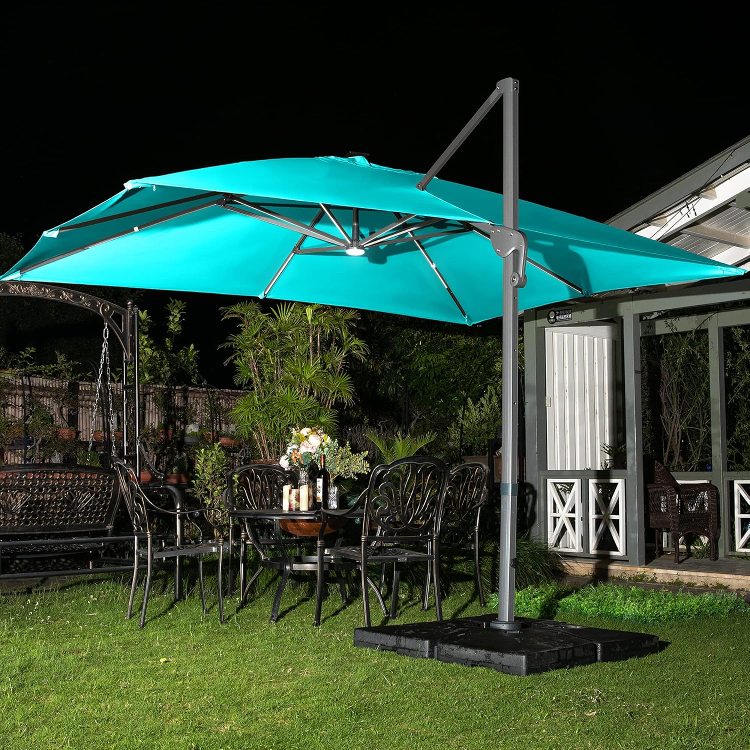 Sunnyglade 10x13ft Solar Powered LED Cantilever Patio Umbrella Square Deluxe Offset Umbrella 360°Rotation & Integrated Tilting System & LED lights for Market Garden Deck Pool Backyard Patio