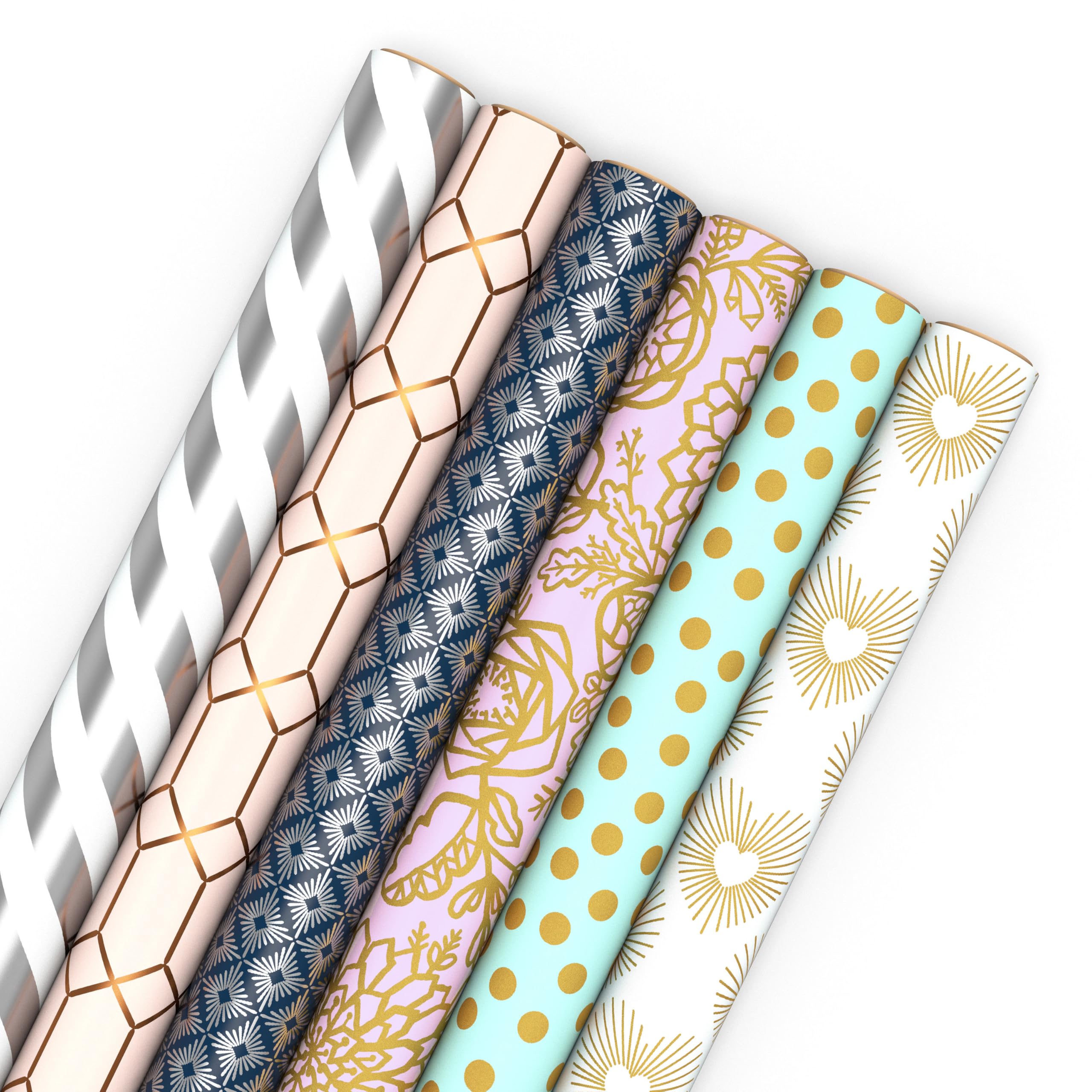 Hallmark Geschenkpapier mit Schnittlinien auf der Rückseite, 6 Rollen, 180 m² insgesamt, weiß und silberfarben, Mintgrün, goldfarbene Herzen und Blumen, für Hochzeiten, Brautpartys, Geburtstage