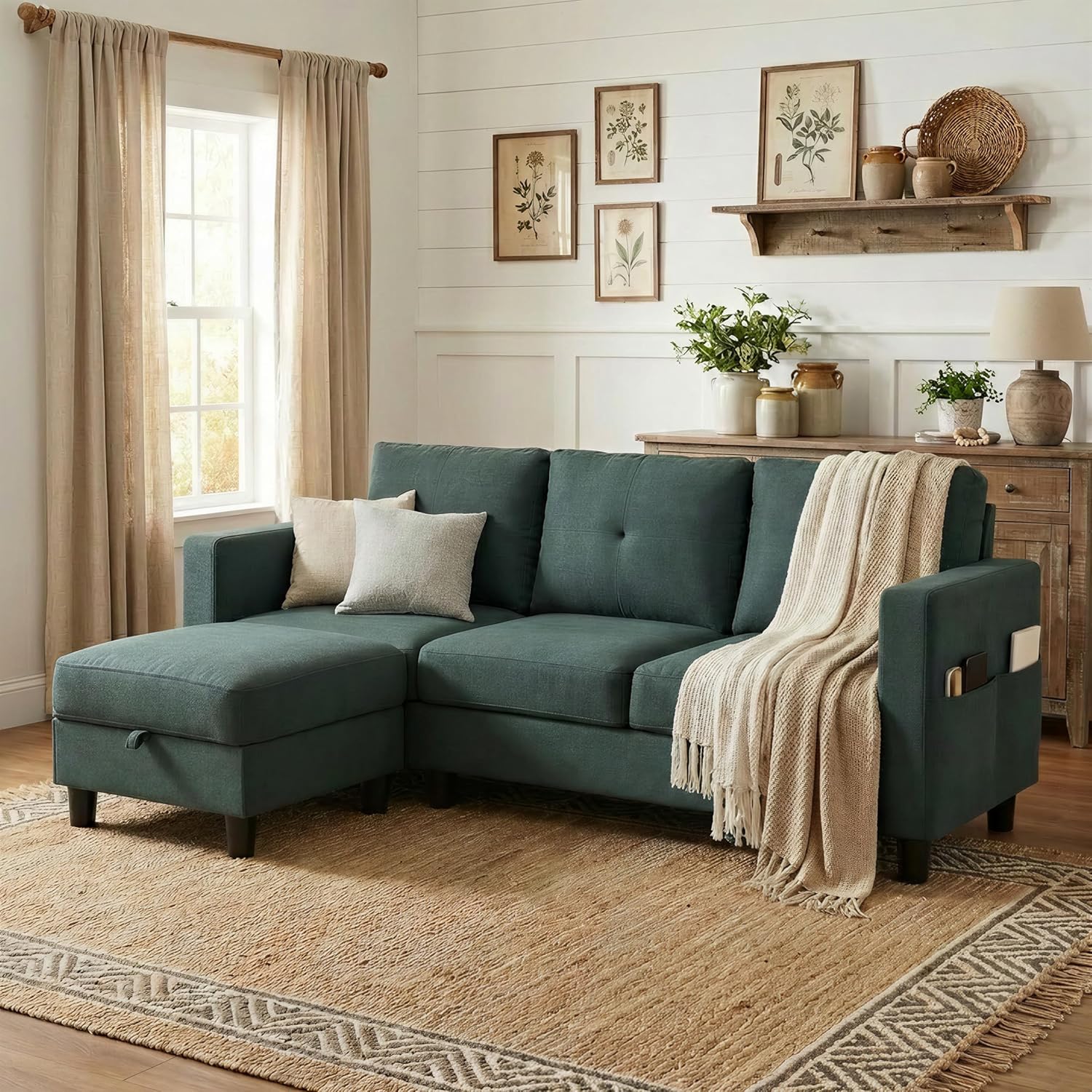 SUNLEI Convertible L-Shaped Sectional Couches for Living Room, Space-Saving 3-Seat Couch for Small Apartments & Living Rooms, Linen Fabric, Grey | L-Shaped