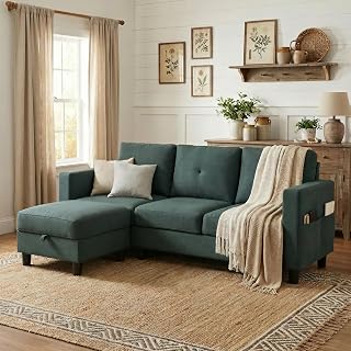 SUNLEI Convertible L-Shaped Sectional Couches for Living Room, Space-Saving 3-Seat Couch for Small Apartments & Living Rooms, Linen Fabric, Grey | L-Shaped