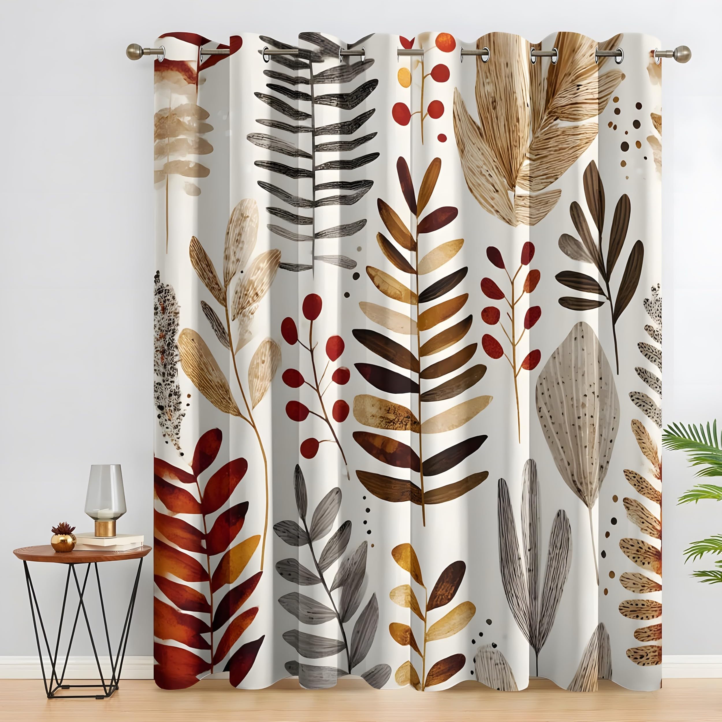 YZQGLHP Gray-Brown Leaves Curtains, W 46" x L 54" (117 x 137 cm), White Blackout and Heat-Insulating Curtains, Curtain 2 Pieces in a Pack, Suitable for Bedrooms and Living Rooms