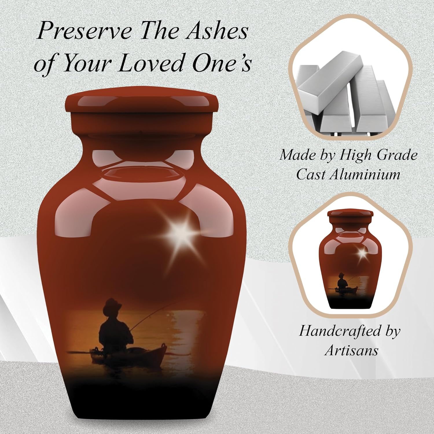 Forever URNS - Mini Urn for Ashes Adult Male & Female | Memorial Gifts, Ashes Keepsake l Aluminium Metal with Fishing Man Design | Velvet Protection Box | Handcrafted Memorial Box for Funeral, 3 cu in