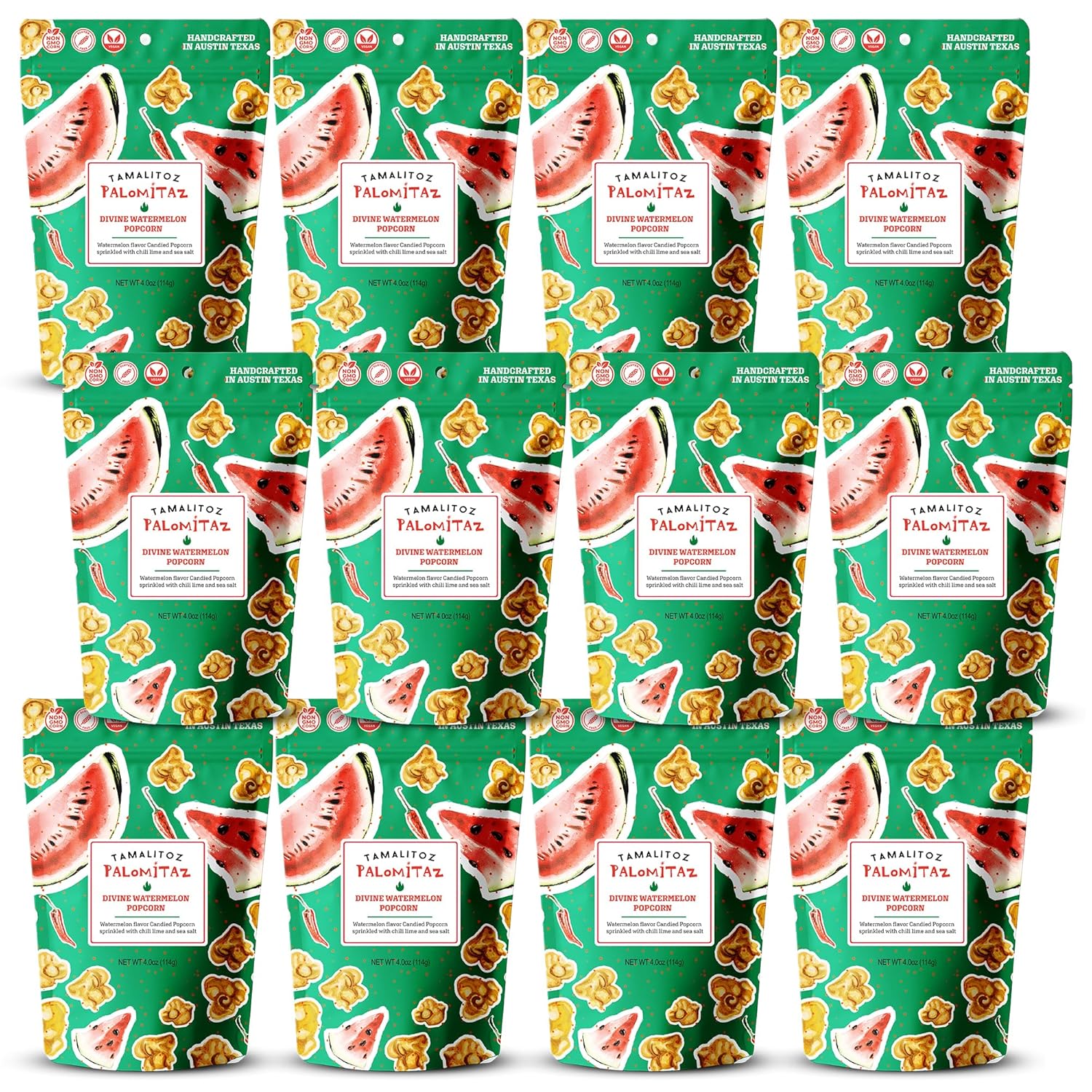 Palomitaz Gourmet Popcorn Divine Watermelon Popcorn – Sweet & Spicy Mexican-Style Kettle Corn with Watermelon, Chili, Lime & Sea Salt – Handcrafted Snack – Gluten-Free, Vegan – 12 Bags (4oz Each)