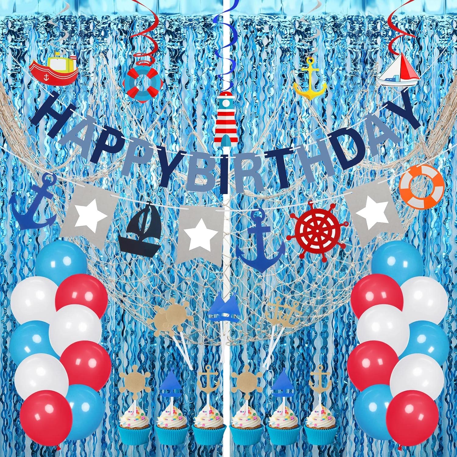 Junkin 59 Pcs Nautical Cruise Birthday Party Decorations Include Fish Net, Sailing Swirls, Nautical Banner, Cake Topper, Foil Fringe Curtains and Latex Balloons for Boys Girls Summer Events Party