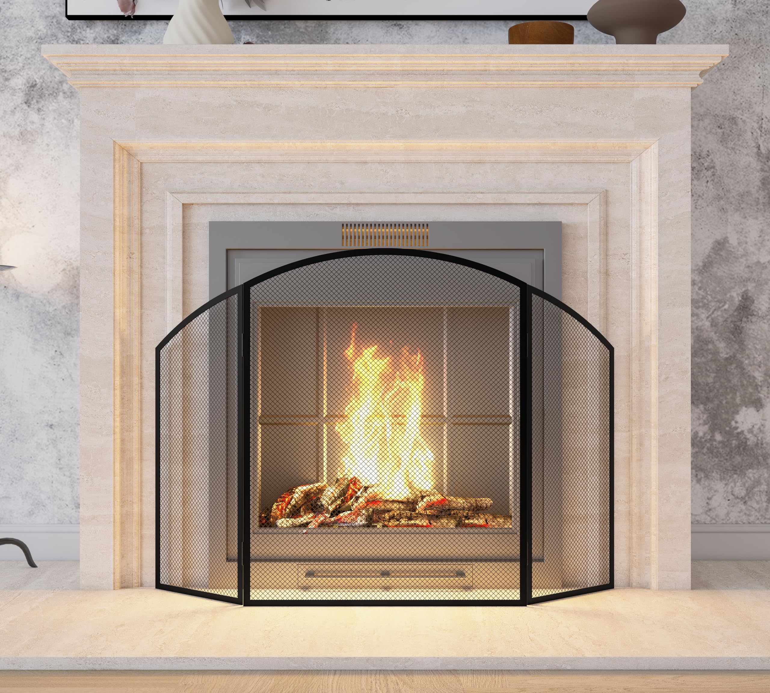 Pare-étincelles 3 panneaux fer plat 96,5 cm x 61 cm revêtement poudre noire cheminée
