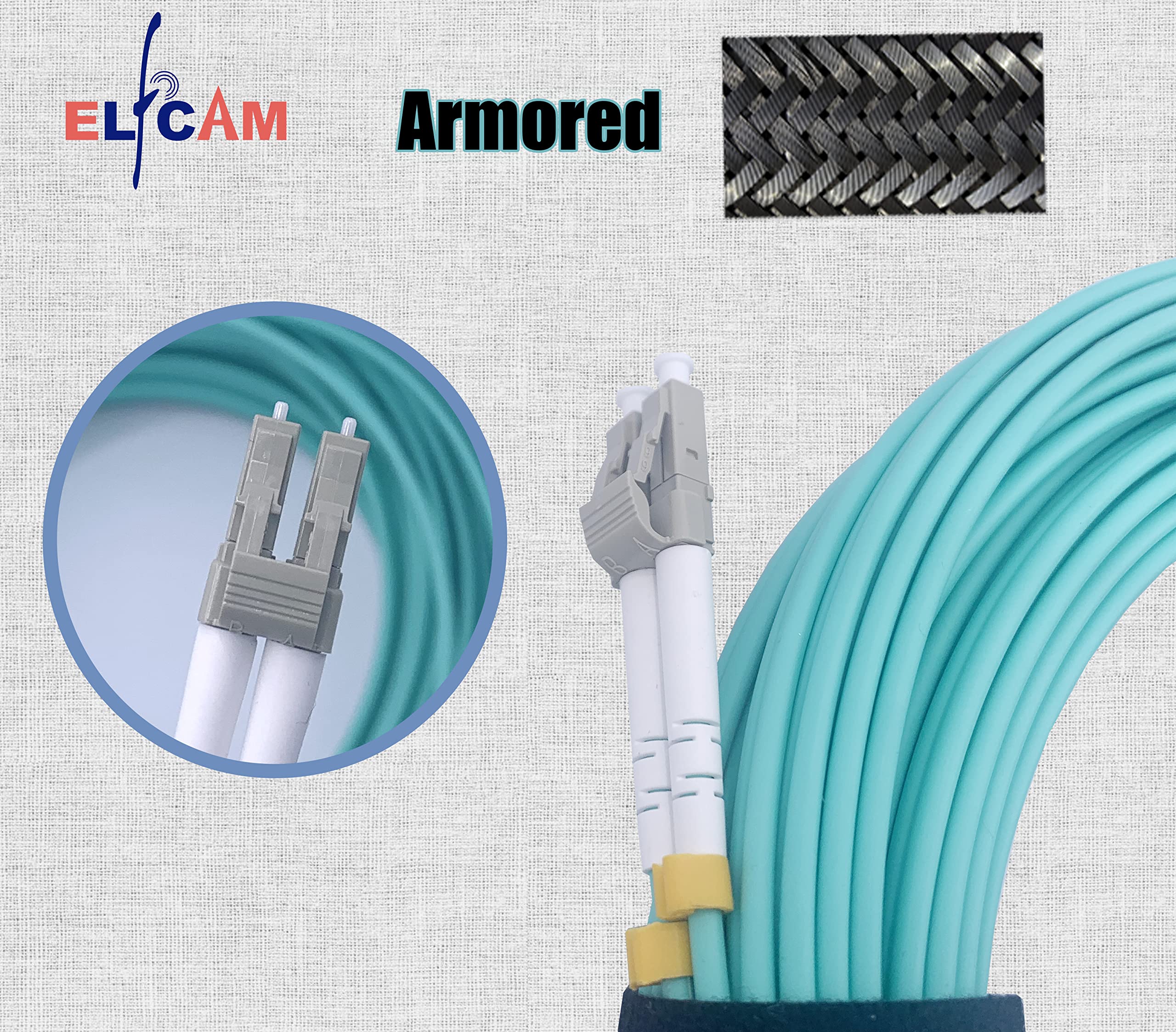 Elfcam® - 40m Gepanzerte Glasfaserkabel LC/UPC auf LC/UPC OM3 Multimode Duplex Glasfaserkabel (50/125um) LSZH, LWL-Kabel LC für den Innen- und Außenbereich, 40M
